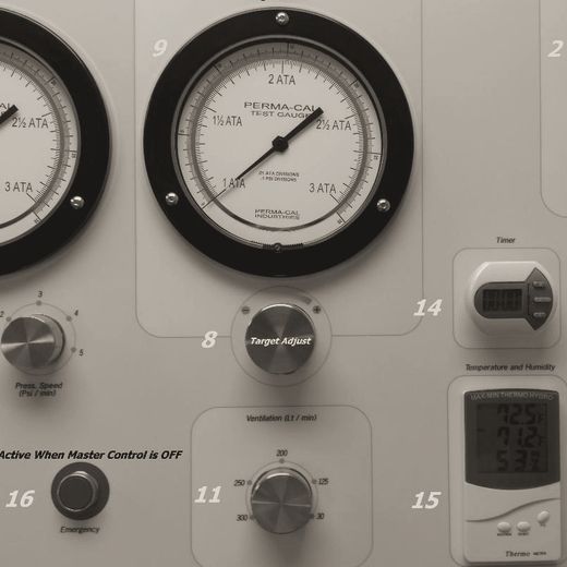 Control panel with large pressure gauges and numbered controls