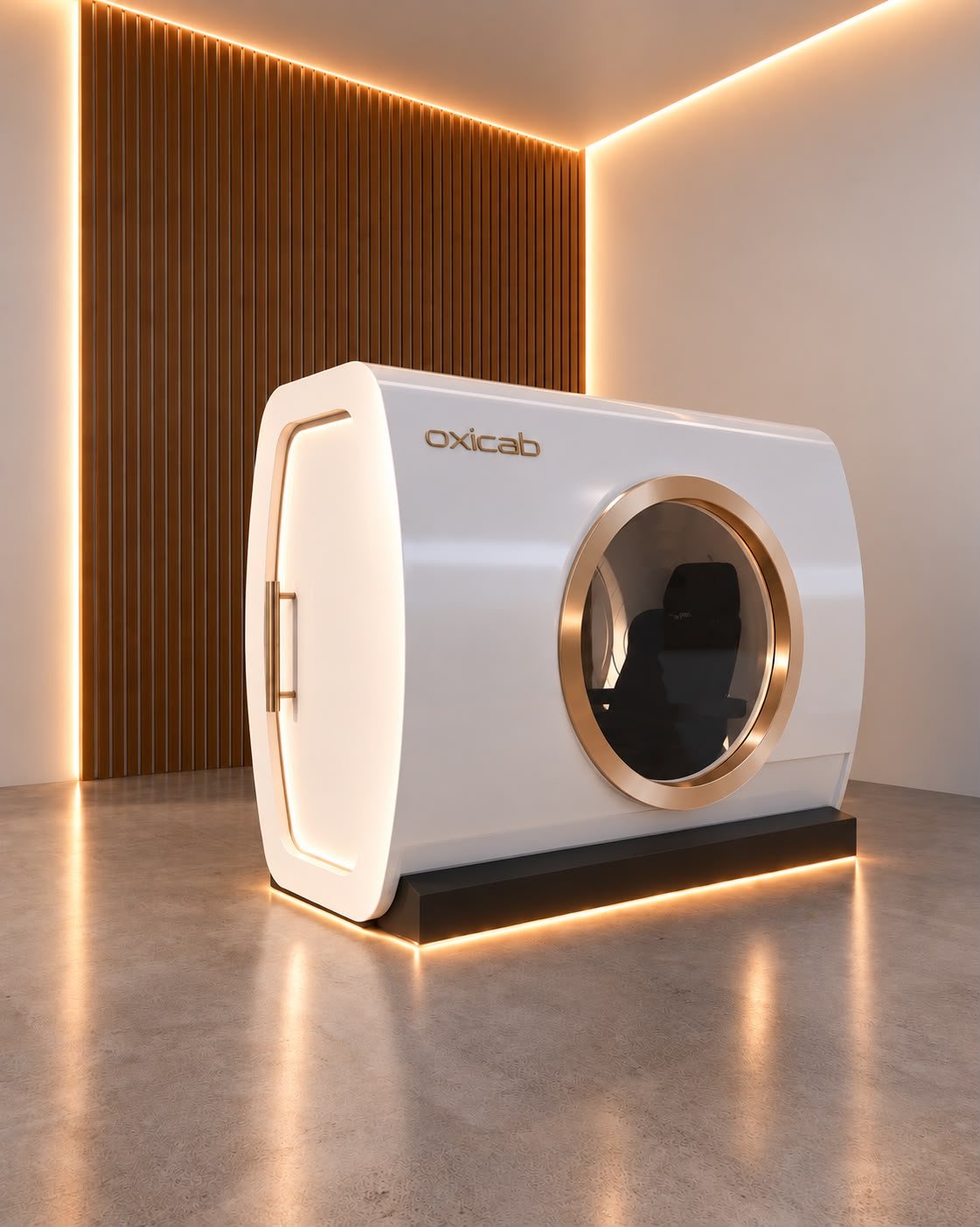 Beam, MO-10 Executive Cube®, in gloss white with a golden-ringed viewport, lit from beneath
