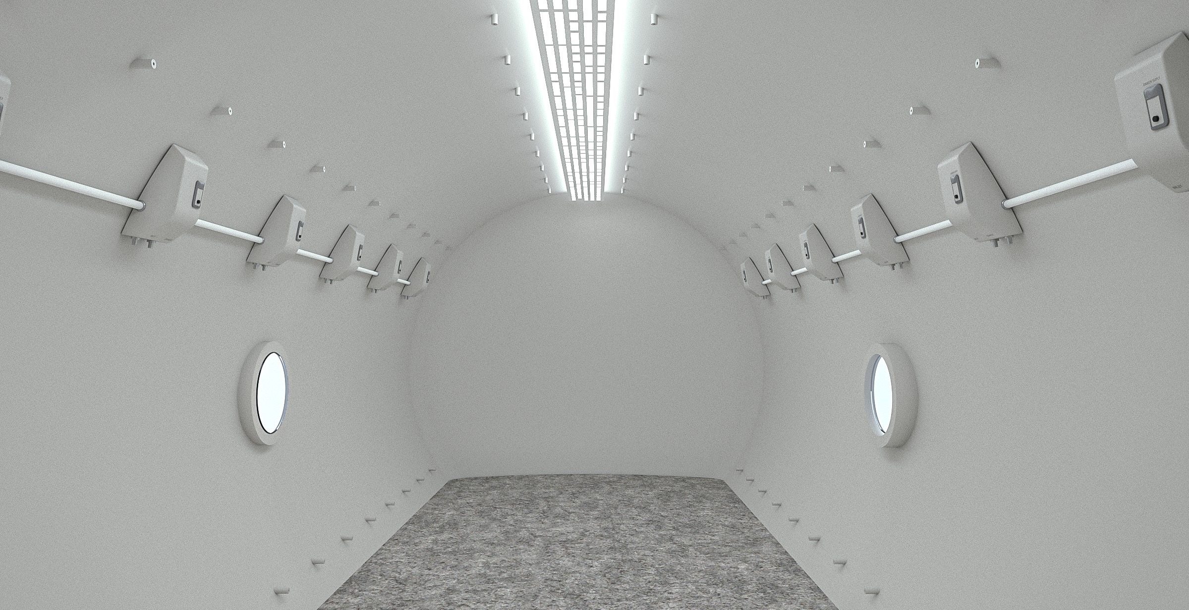 Interior of a white multiplace Oxicab, a long arched cabin with a lit ceiling channel, oxygen stations along both walls and round viewports on each side